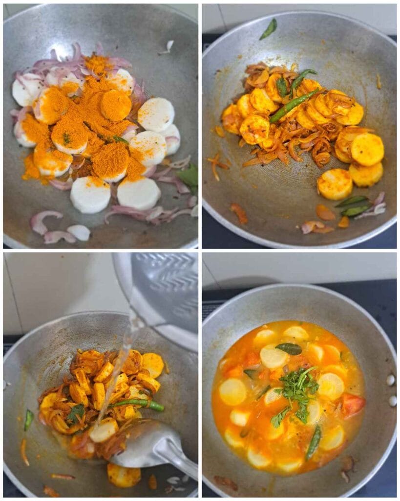 Cooking sliced radish with sambar powder to remove raw smell for mullangi sambar recipe.