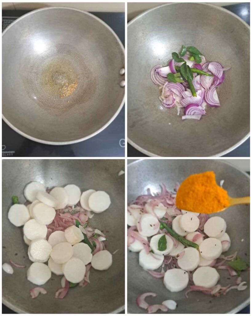 Cooking sliced radish with onions, curry leaves, and sambar powder for mullangi sambar recipe.