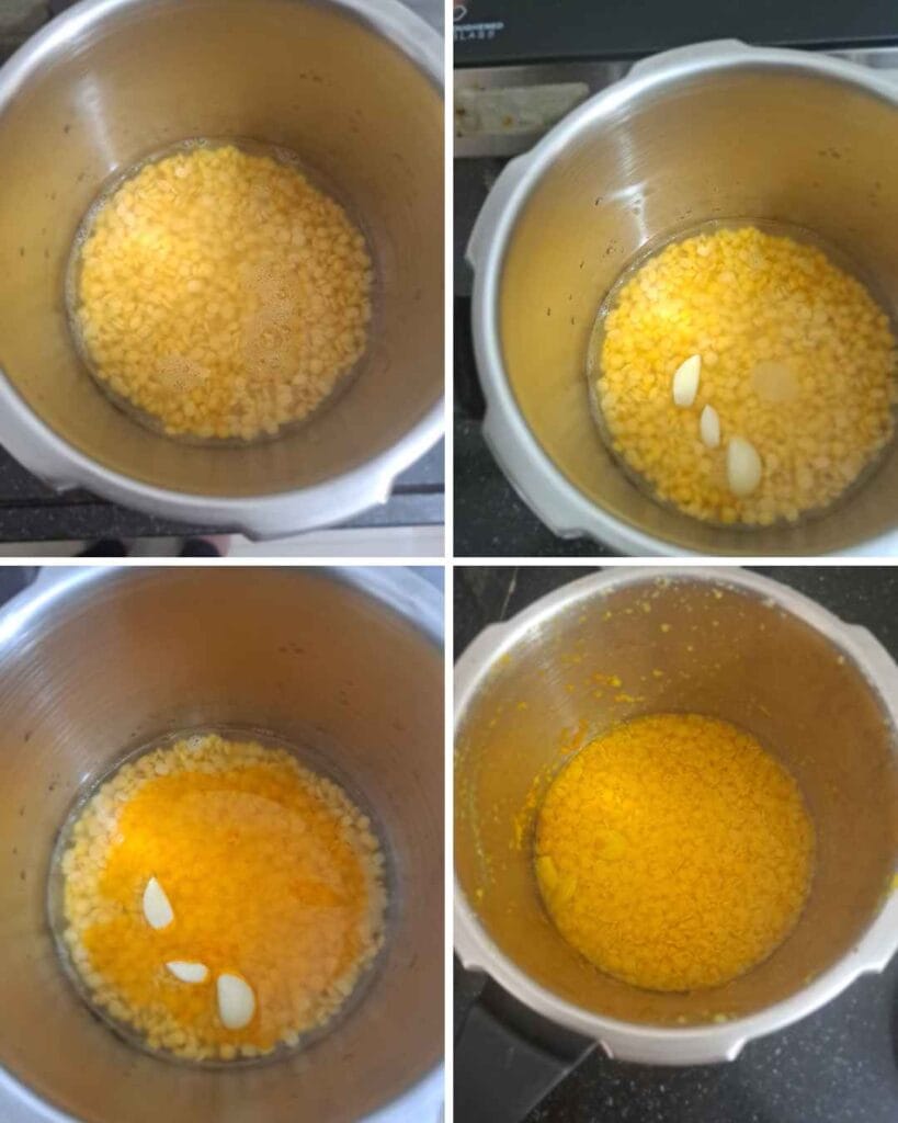 Toor dal soaked and pressure cooked with garlic and turmeric for mullangi sambar recipe.