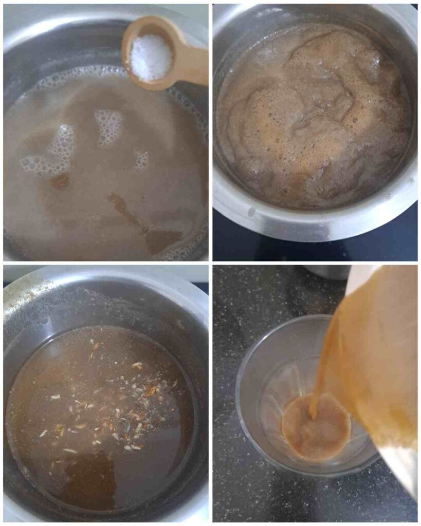 Karuppu ulundhu kanji thickening while cooking with jaggery and nuts before serving