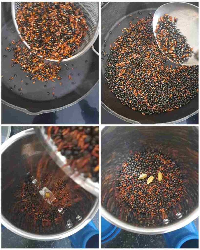 Dry roasting black urad dal and red rice before grinding to make karuppu ulundhu kanji powder