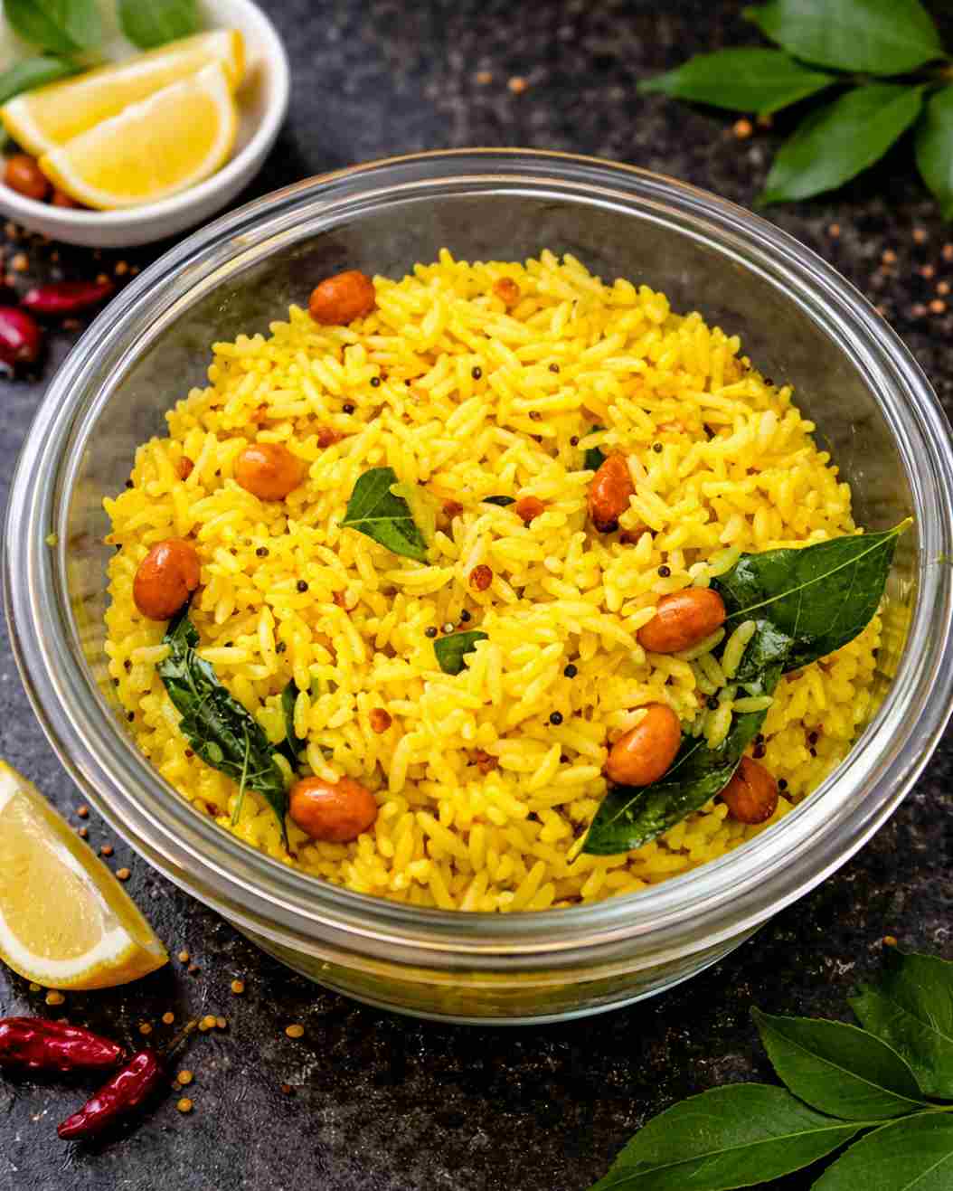 South Indian lemon rice in a bowl topped with crunchy roasted peanuts, mustard seeds, and curry leaves.