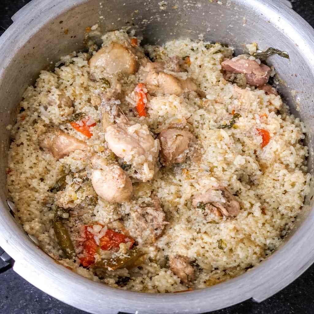 Fluffy chicken biryani with coconut milk after pressure cooking