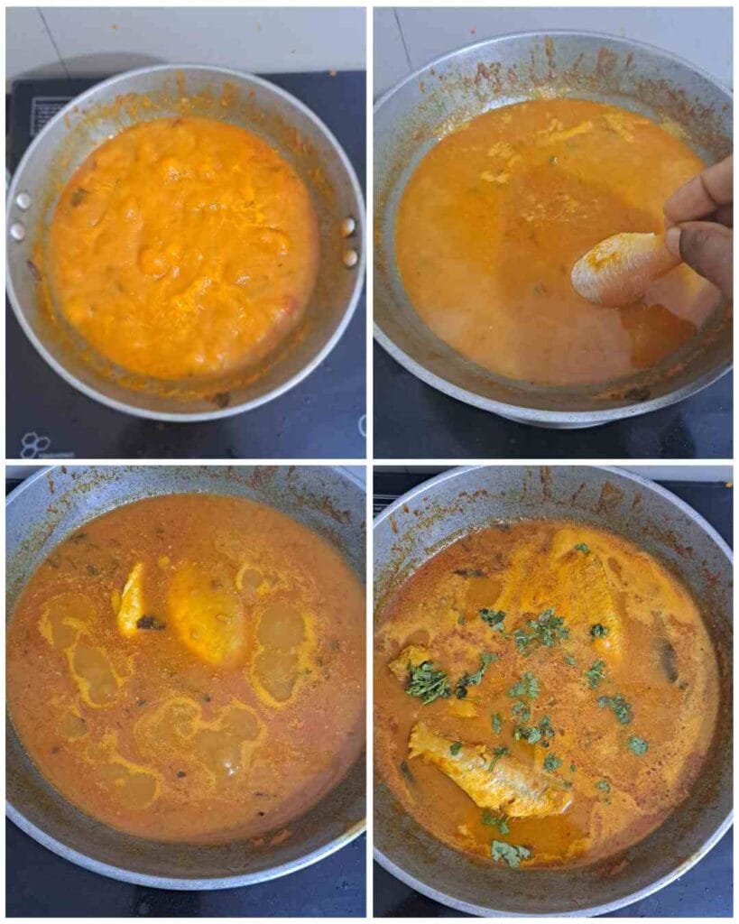 Step-by-step cooking of Sankara meen kulambu showing tamarind gravy, adding fish, simmering, and finished Tamil Nadu style fish curry.