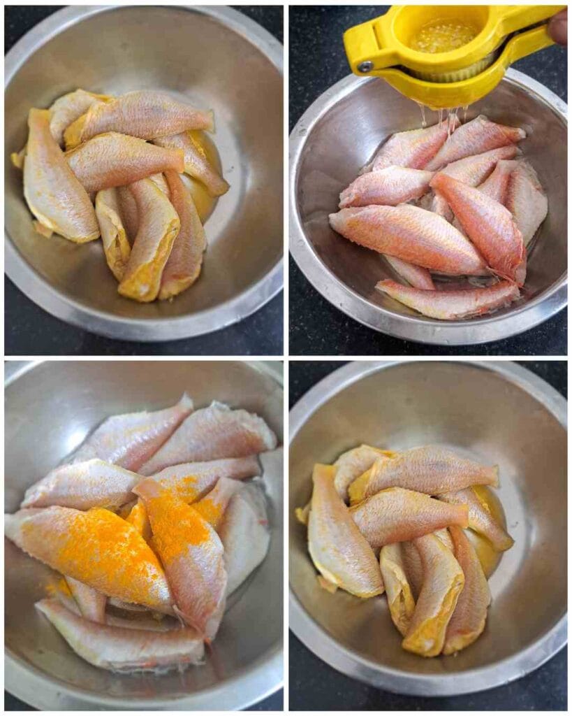 Step-by-step marination of Sankara fish using turmeric, lemon juice, and salt to remove raw fish smell before cooking.
