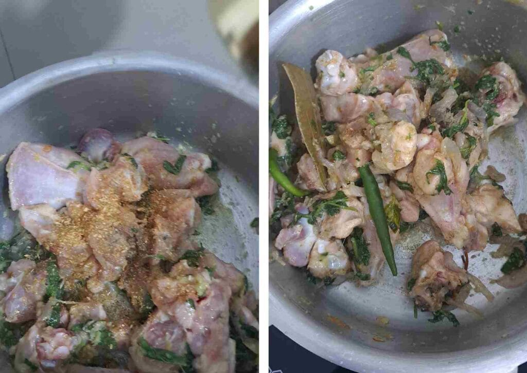 Garam masala added to chicken for flavorful white biryani cooked in pressure cooker