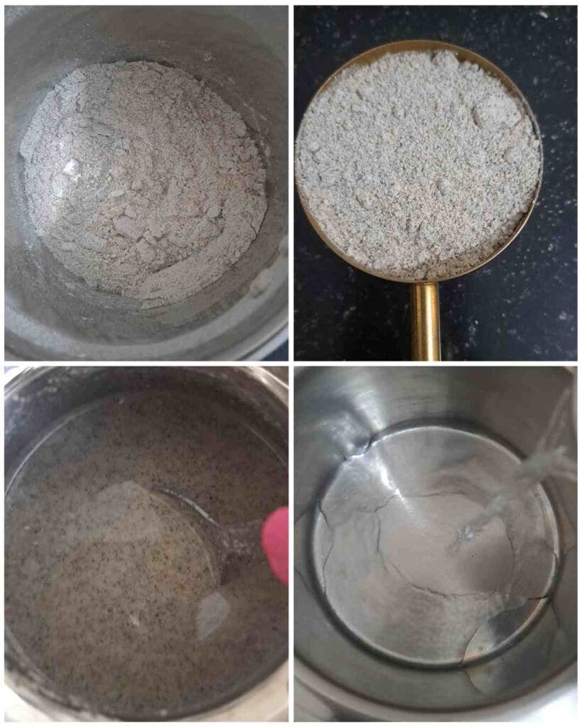 Ground black urad dal and red rice powder mixed with water to prepare karuppu ulundhu kanji