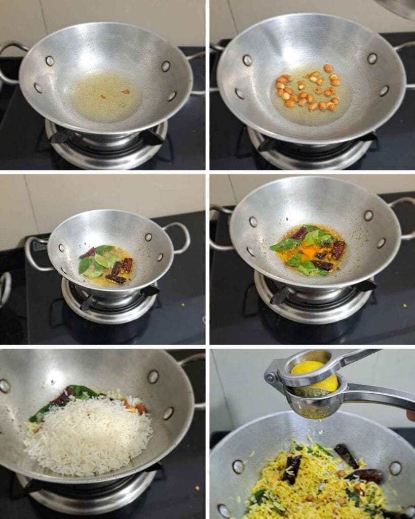 Step by step cooking process of adding turmeric and leftover rice to a pan with channa dal tempering and peanuts.