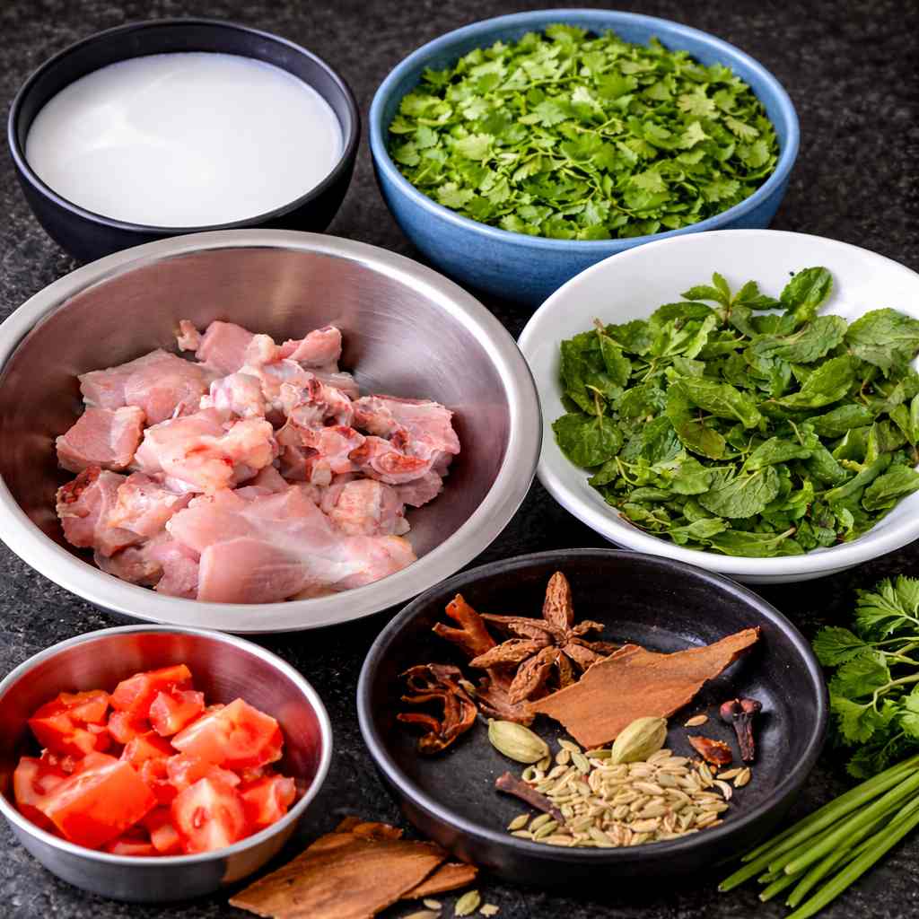 Ingredients for chicken biryani with coconut milk including chicken, mint, coriander and whole spices