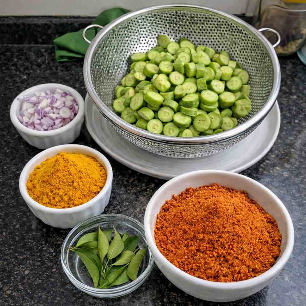 Ingredients for kovakkai varuval recipe including sliced ivy gourd, spices, onions, and curry leaves