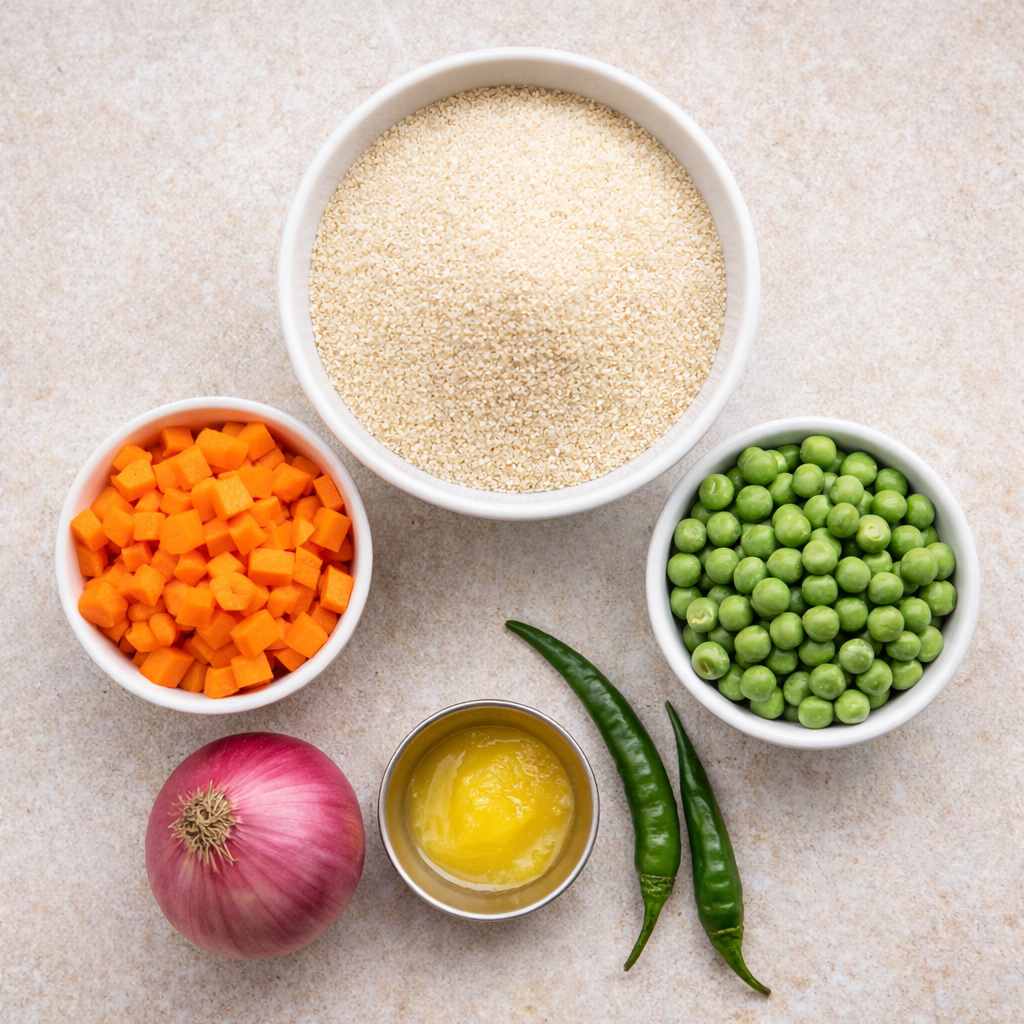 Ingredients for vegetable rava upma including rava, carrot, green peas, onion, green chilli, and ghee