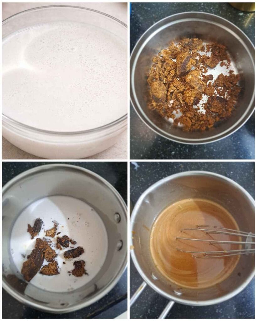 Palm jaggery melted with coconut milk for wattalappam recipe (வட்டலப்பம்) base mixture