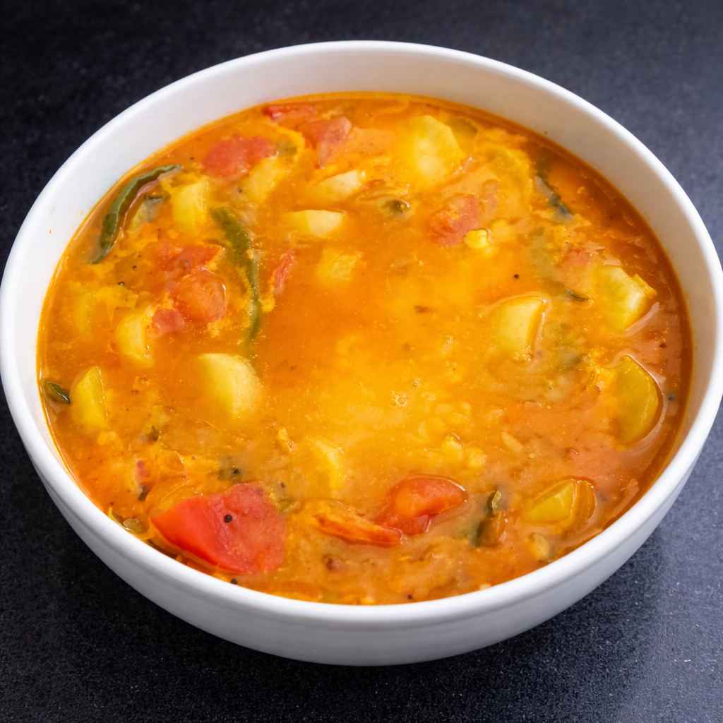 A white bowl of South Indian Mullangi Sambar (Radish Sambar) with toor dal, tomatoes, and sliced radish.