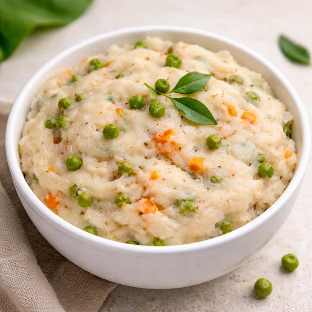 Oil-free vegetable rava upma served in a bowl with carrots and green peas