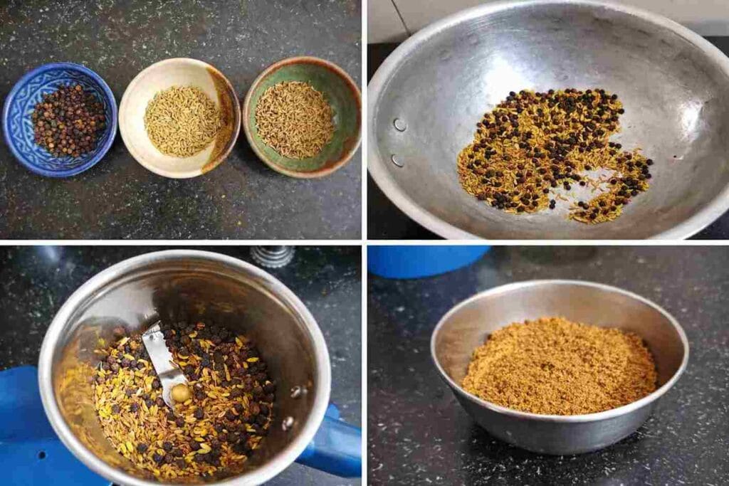 Dry roasting black pepper, cumin, and fennel for authentic South Indian Pepper Chicken Fry