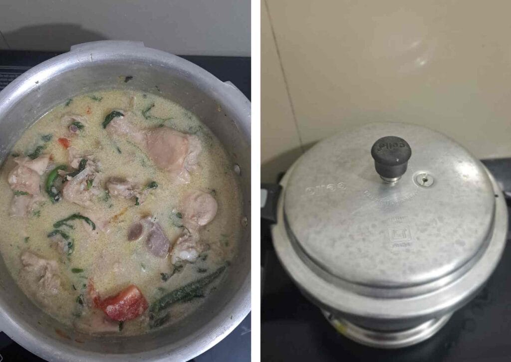 Pressure cooking stage of chicken biryani with coconut milk in cooker