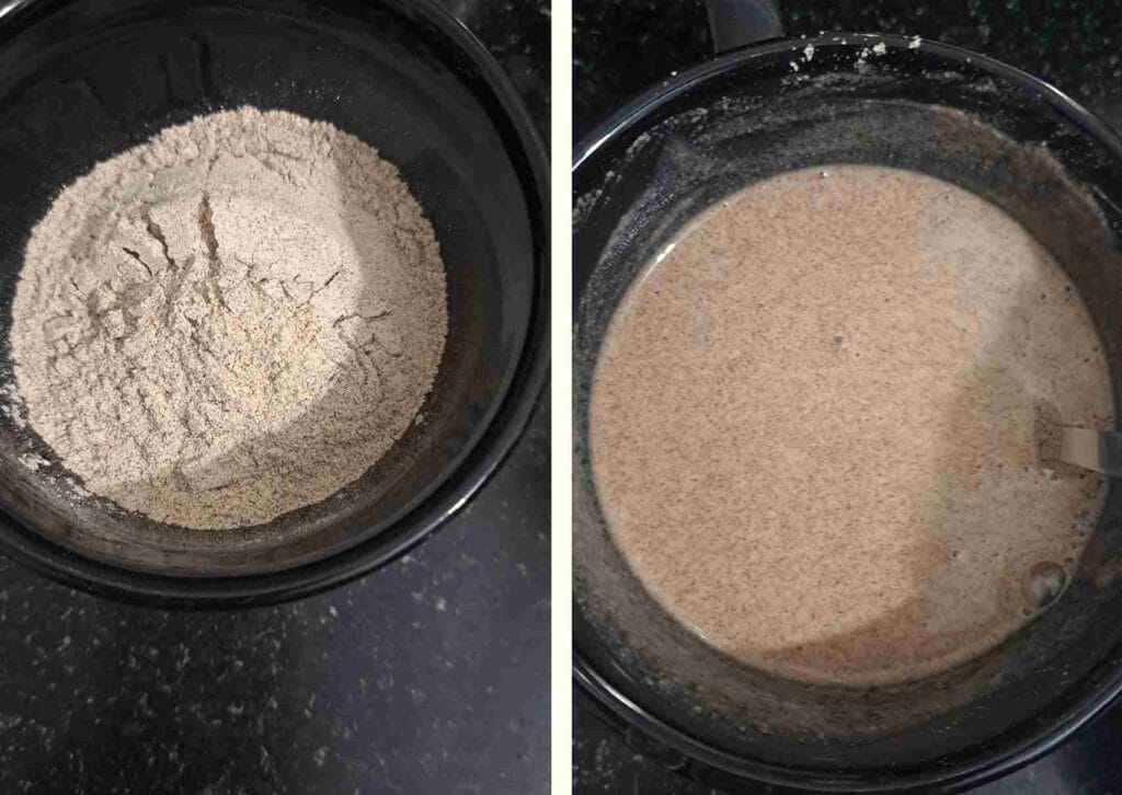 Ragi flour mixed with water to prepare lump free batter for fermented ragi koozh recipe