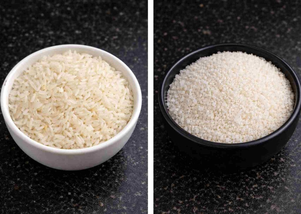 Coarsely ground raw rice used in kezhvaragu koozh recipe for traditional fermented ragi koozh preparation