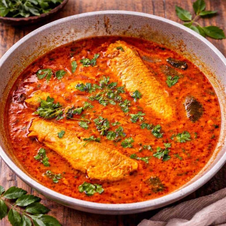 Sankara meen kulambu cooked Tamil Nadu style without coconut, made with red snapper fish in a tangy tamarind gravy.