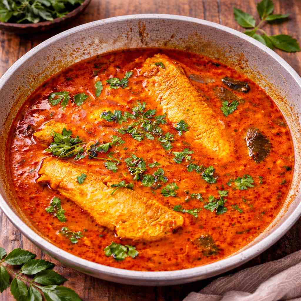 Sankara meen kulambu cooked Tamil Nadu style without coconut, made with red snapper fish in a tangy tamarind gravy.