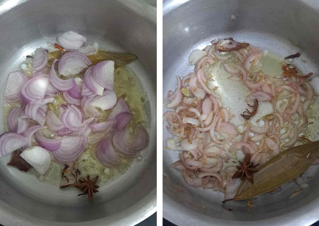 Sliced onions sautéed in whole spices for chicken white biryani recipe in pressure cooker