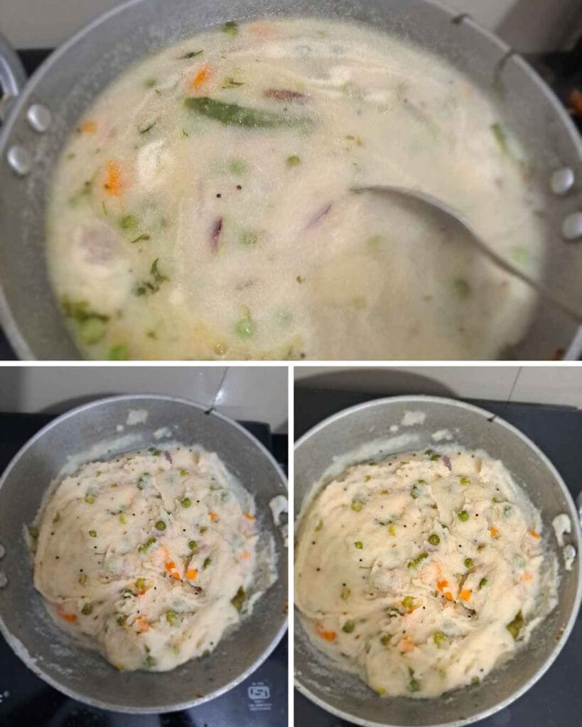 Soft and fluffy vegetable rava upma after cooking in a pan