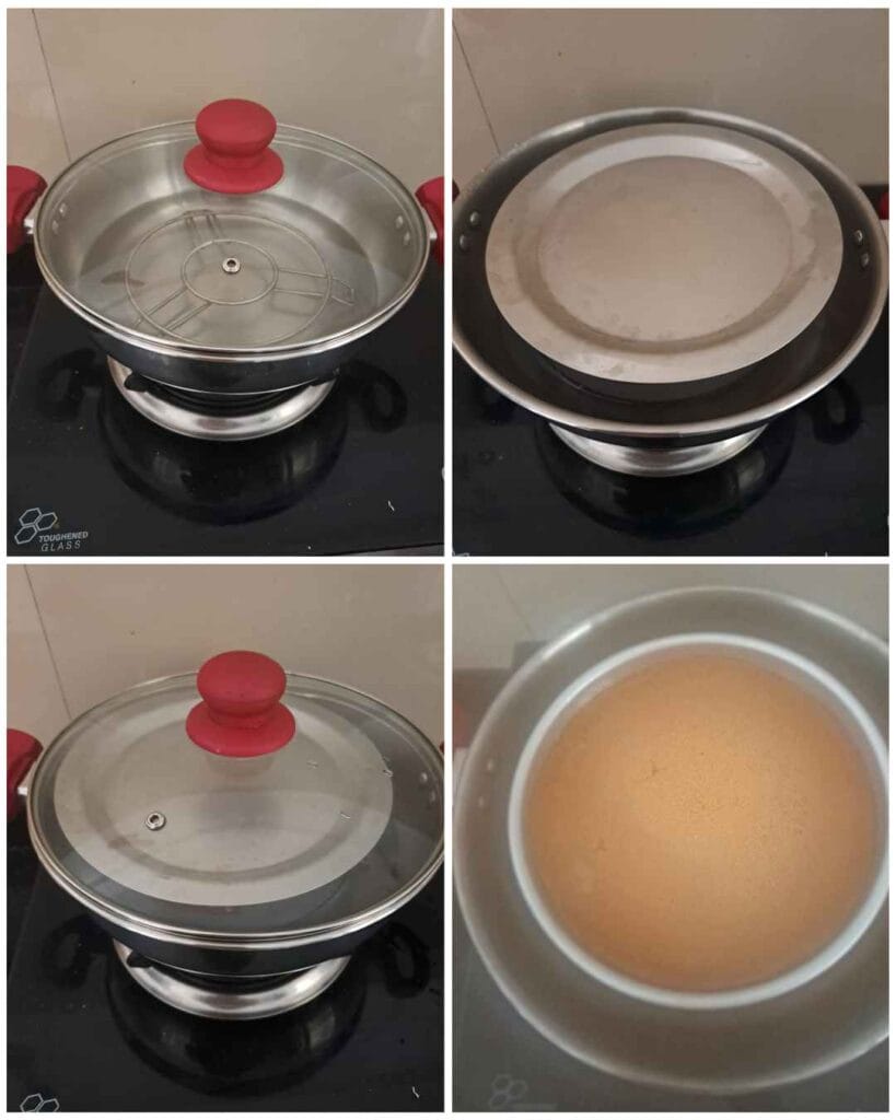 Wattalappam mixture kept for steaming in pan with lid (வட்டலப்பம் steaming process)