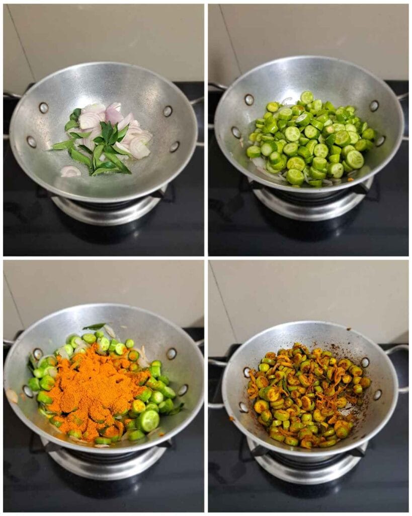 Step by step cooking process of kovakkai varuval showing sautéing onions, adding ivy gourd, spices, and frying until crisp