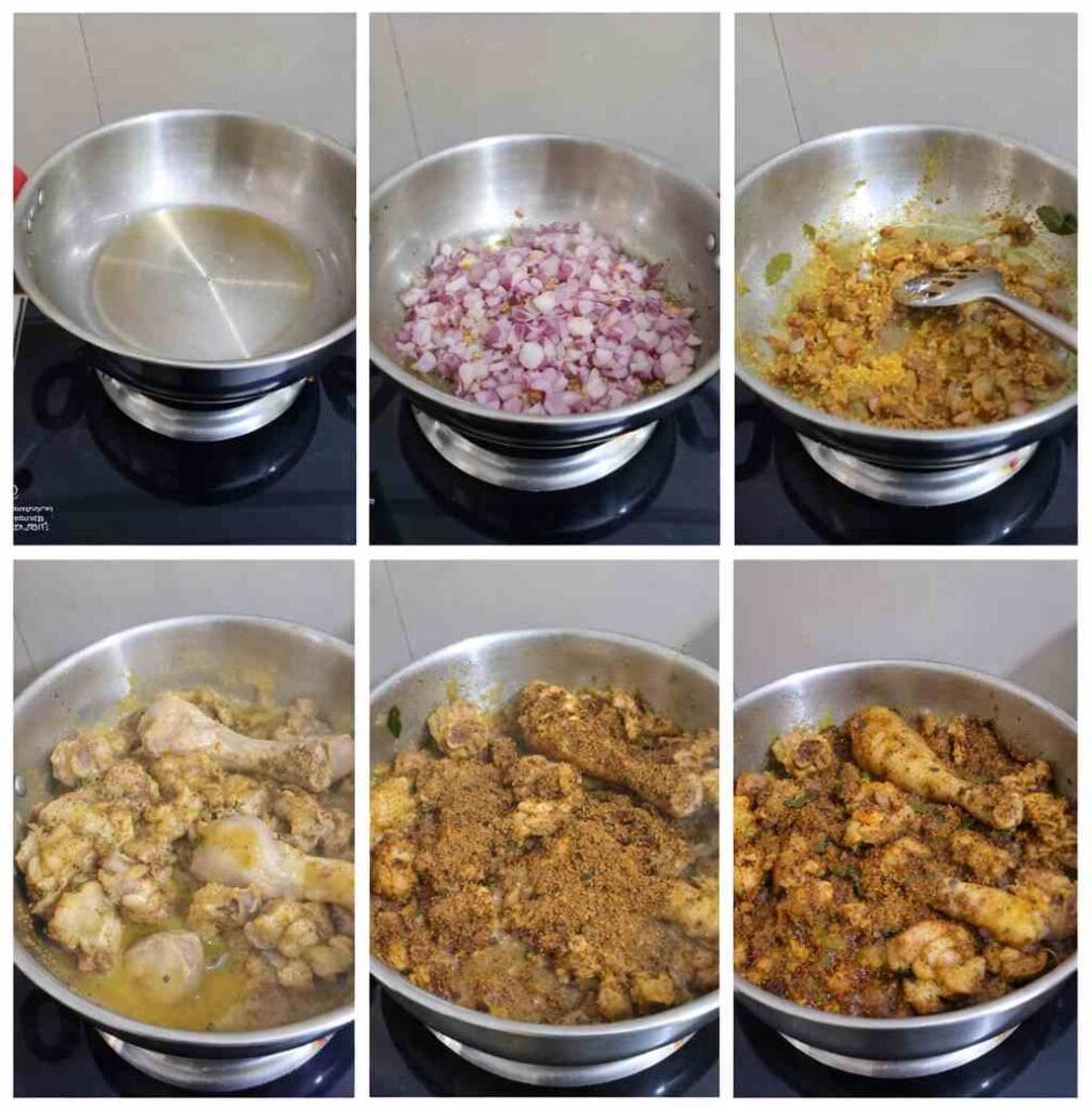 Step-by-step Milagu Chicken Varuval process: Sautéing onions, adding chicken and freshly roasted pepper masala for a dry fry finish