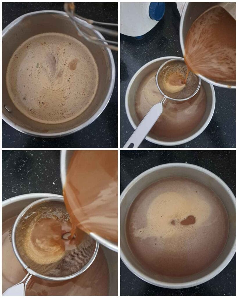 Straining wattalappam mixture into tray before steaming (வட்டலப்பம் batter preparation)