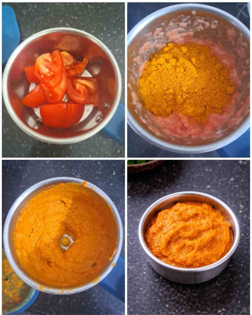 Step-by-step tomato masala paste preparation for Sankara meen kulambu, showing tomatoes, spice mix, blended paste, and final masala.