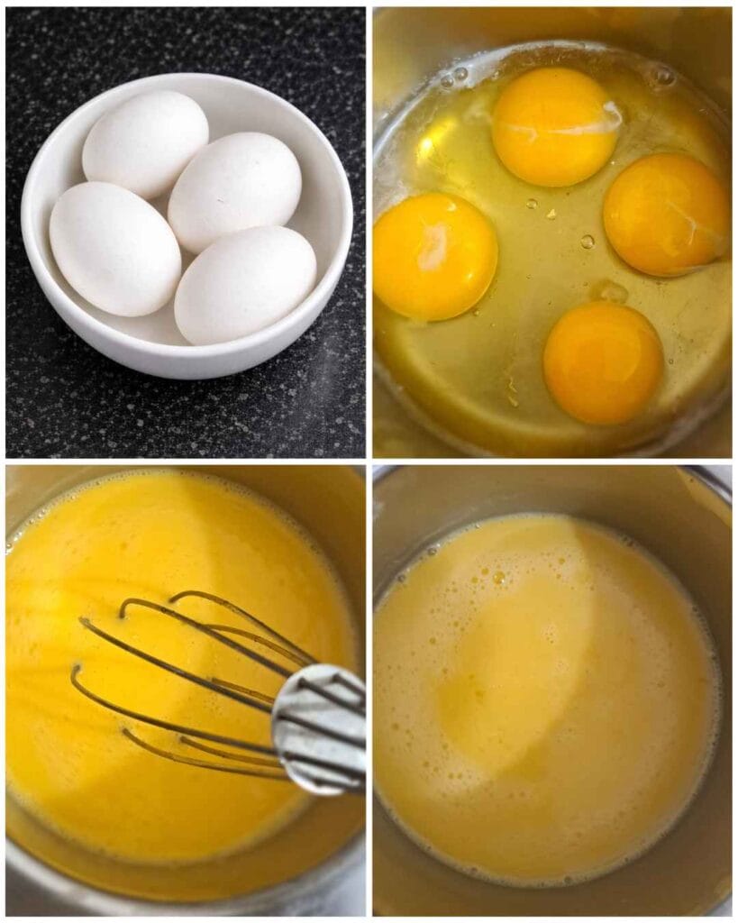 Four eggs beaten until foamy for traditional wattalappam recipe, a Sri Lankan style steamed coconut milk pudding (தேங்காய் பால் புட்டிங்)