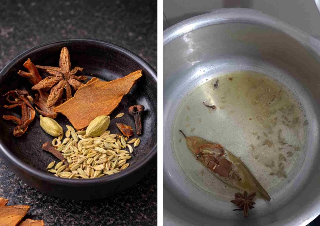 Whole biryani spices sautéed in ghee and oil for chicken white biryani recipe under 30 minutes