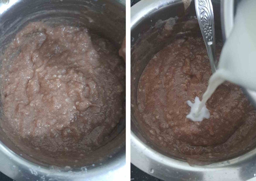 Buttermilk added to fermented ragi koozh to make traditional millet summer drink