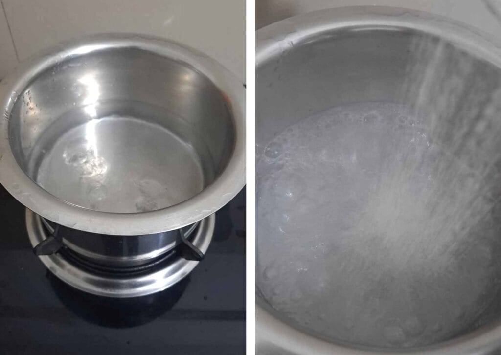 Water brought to rolling boil in a pot before adding rice for kezhvaragu koozh recipe