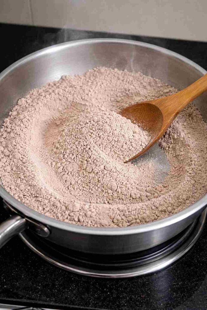 Dry roasting ground ragi flour on low flame to remove moisture and improve shelf life