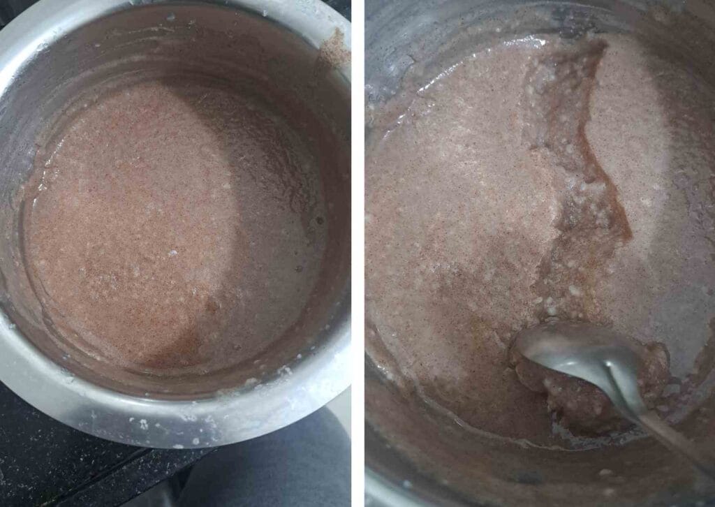 Fermented ragi koozh mixture after 8 hours showing thick texture before adding buttermilk