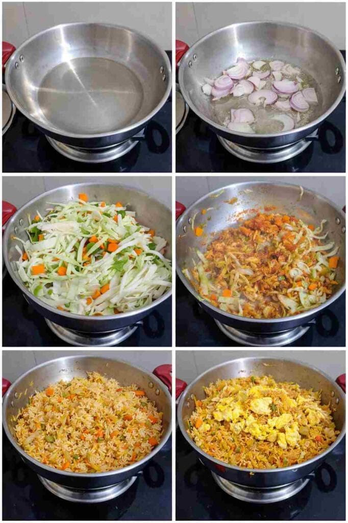 Step-by-step cooking process for simple fried rice recipe featuring sauteed onions, vegetables, and spiced tomato masala