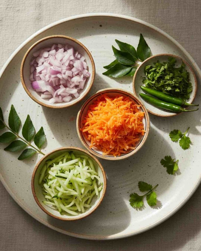 Ingredients for Vegetable Paniyaram: grated carrot, cucumber, chopped onions, green chillies, and curry leaves in bowls
