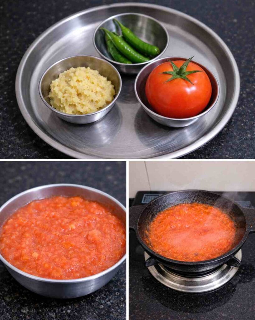 Fresh tomato, ginger, garlic, and green chili for a homemade simple fried rice recipe made without bottled sauces.