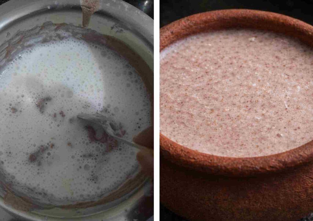 Traditional kezhvaragu koozh served in clay pot after mixing buttermilk and fermentation