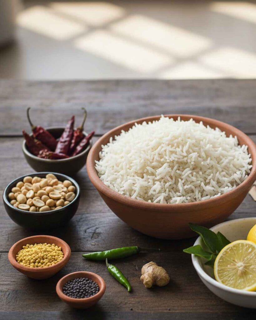 Raw ingredients for lemon rice: peanuts, channa dal, mustard seeds, red chilies, turmeric, and fresh lemon slices.