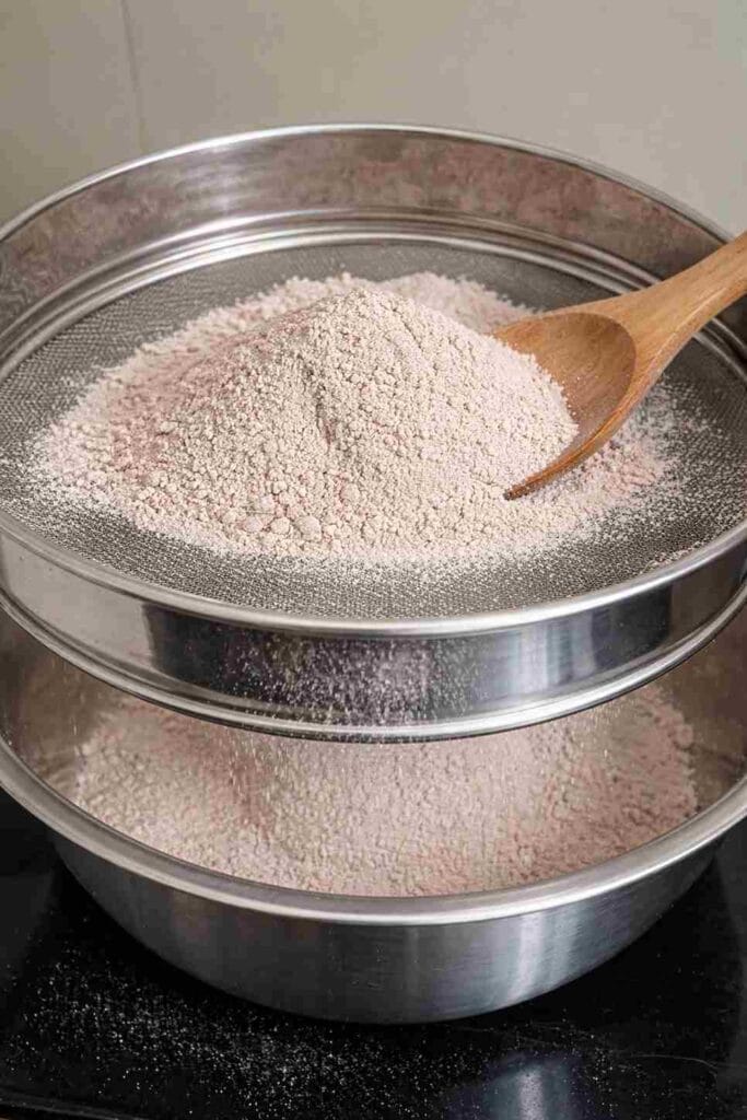Sieving ground ragi flour using a fine sieve to remove coarse particles