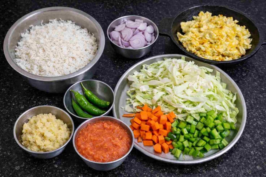 A bowl of healthy homemade simple fried rice recipe made without sauces, featured as a quick leftover rice recipe.