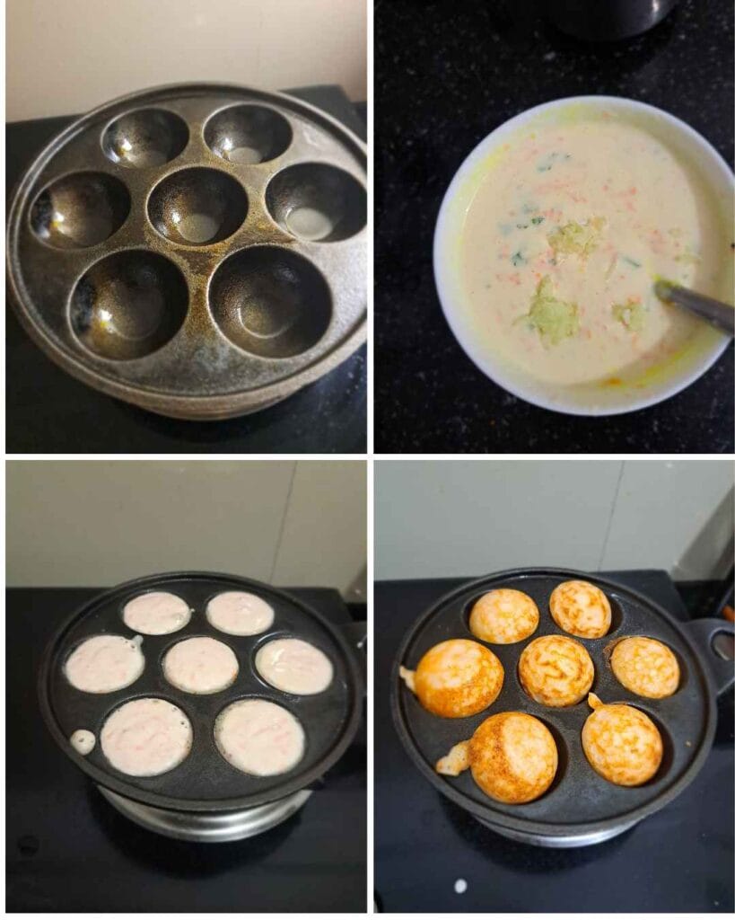 Step-by-step process of making Paniyaram: heating the pan, mixing batter with veggies, pouring batter, and flipping until golden
