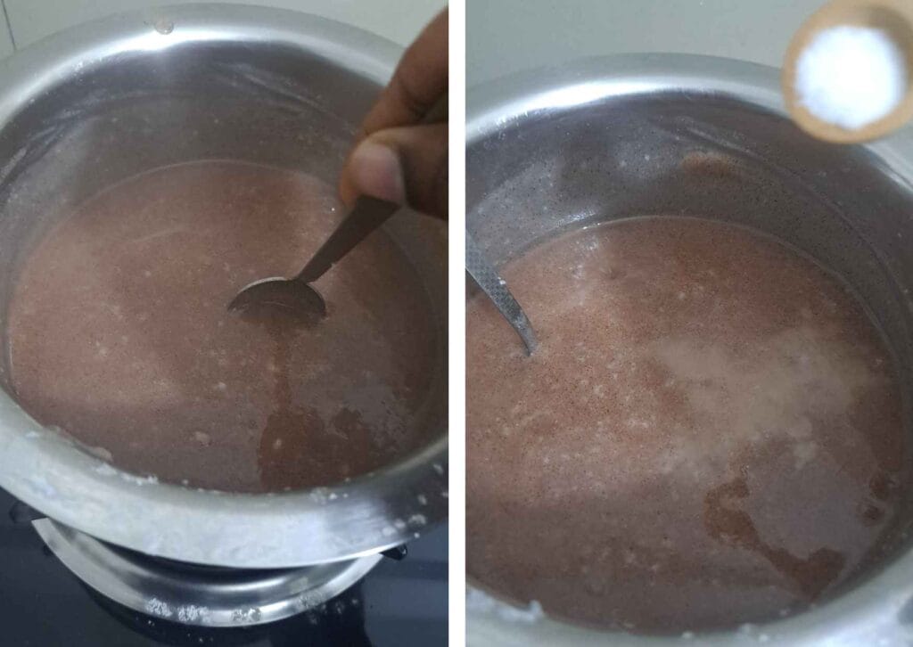 Ragi mixture cooking and thickening in a pot before fermentation in aadi koozh recipe