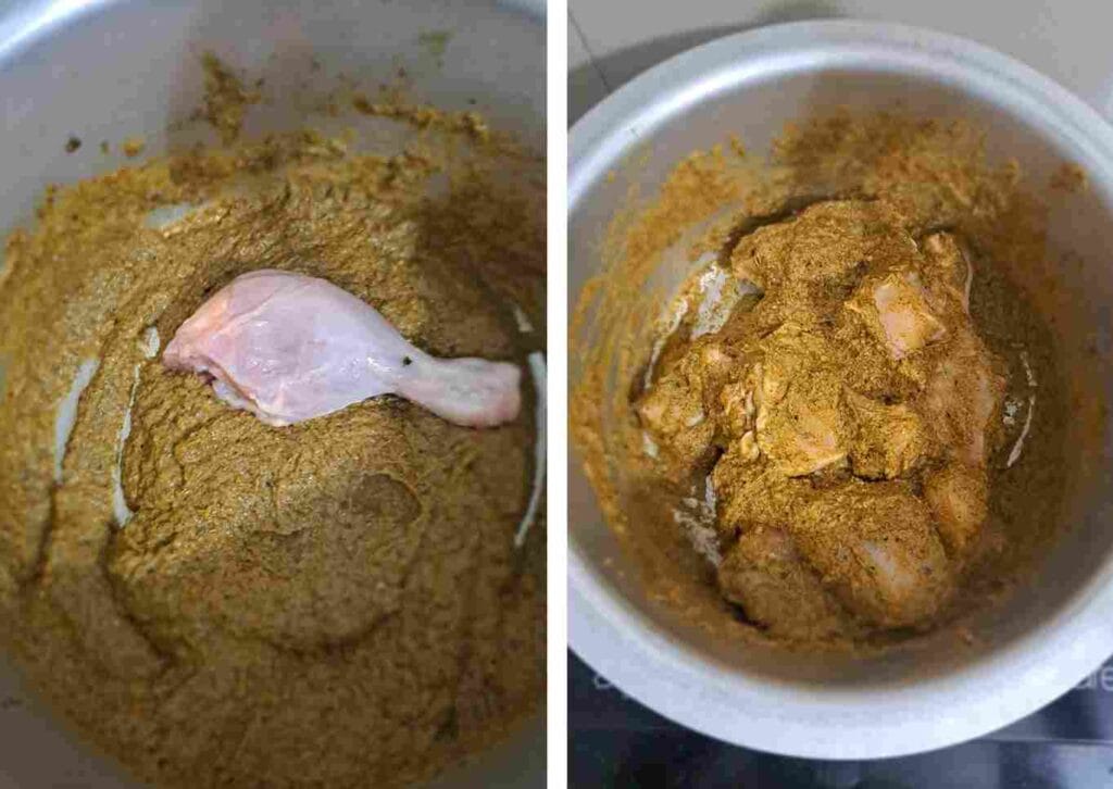 Adding chicken pieces to the cooked masala while preparing authentic Thalappakatti dum chicken biryani.