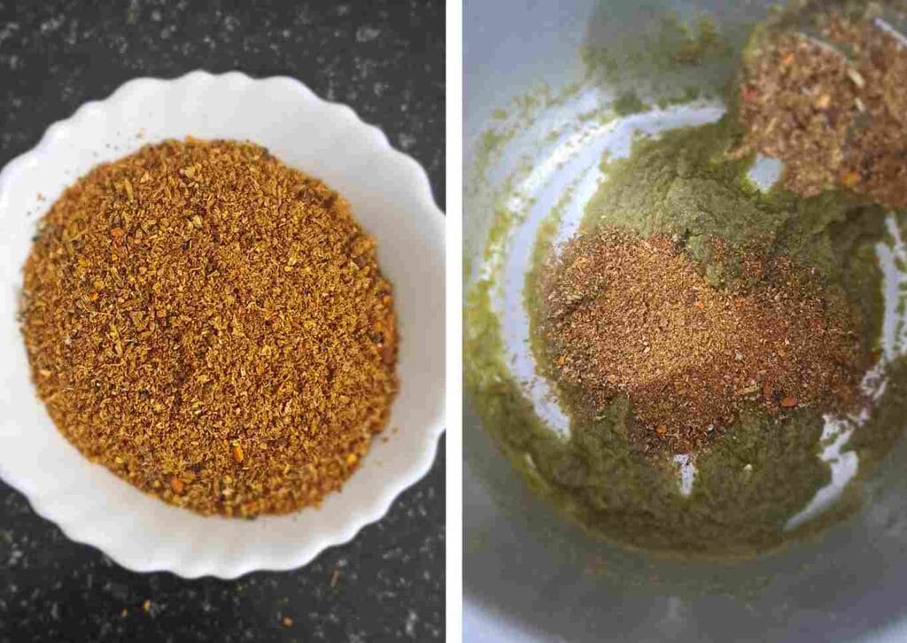 Adding freshly ground biryani masala powder to onion paste while preparing authentic Thalappakatti dum biryani.