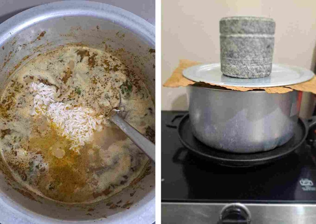 Adding seeraga samba rice to chicken masala and cooking Thalappakatti dum biryani in a pot.