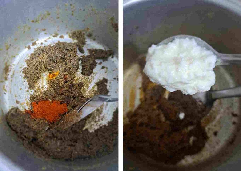 Adding turmeric powder, red chilli powder and curd to the masala while cooking authentic Thalappakatti dum biryani.